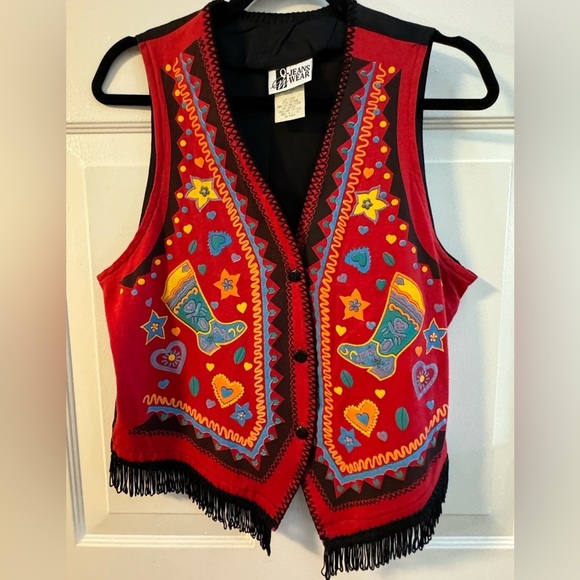 Jeans Wear Jackets & Blazers - Western Painted Fringe Vest Cowgirl Rodeo Boho Country Vintage 90’s Fun Colorful